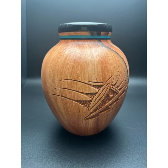 Navajo Handcrafted Etched Vase By Dwayne Blackfoot 6"  Southwestern Turquoise - Picture 2 of 6
